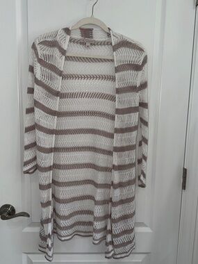 Db established 1962 Lightweight Cream & Taupe Striped Open-Front Cardigan medium